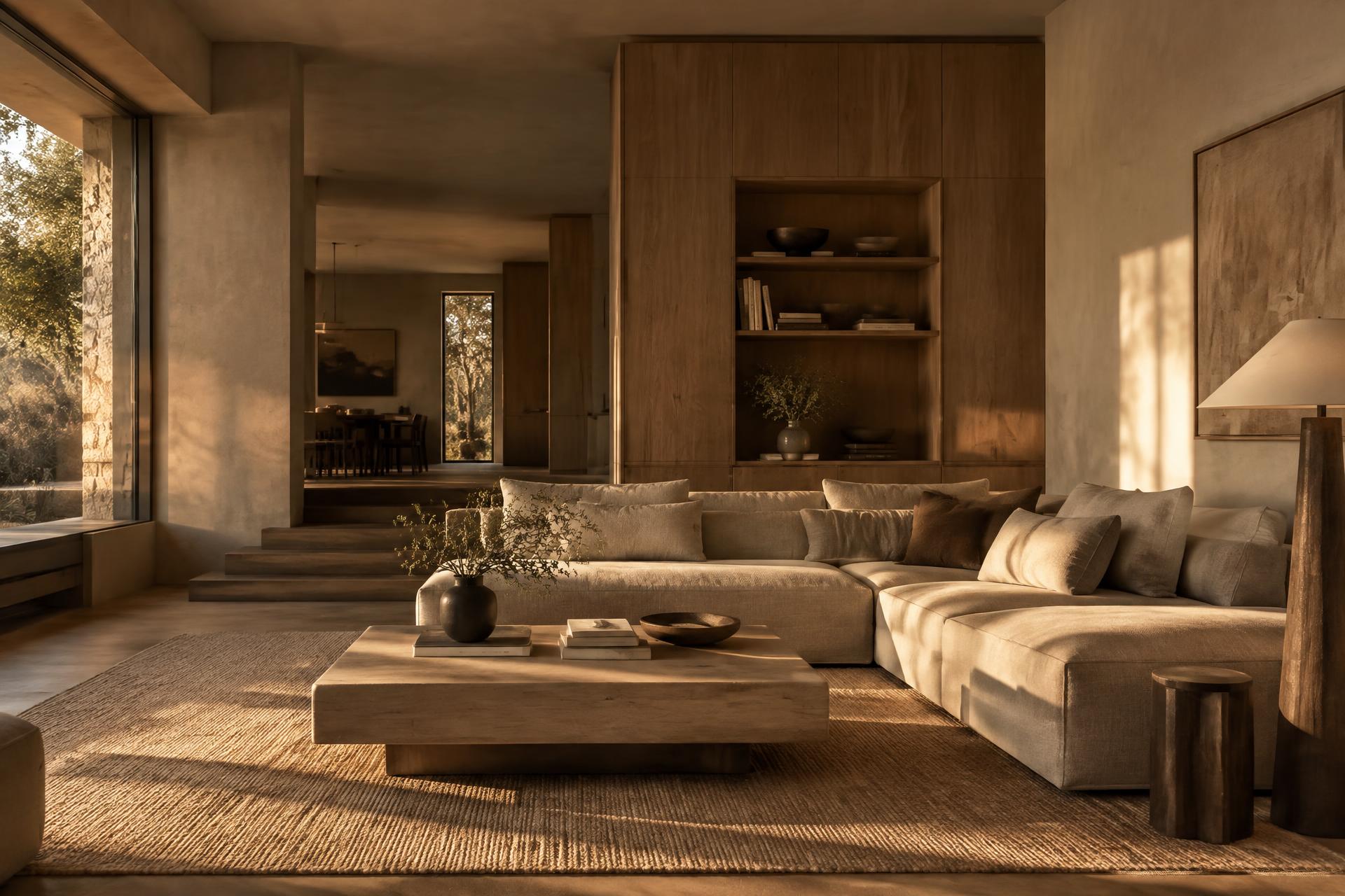 Warm minimal Los Angeles living room with custom oak millwork at golden hour