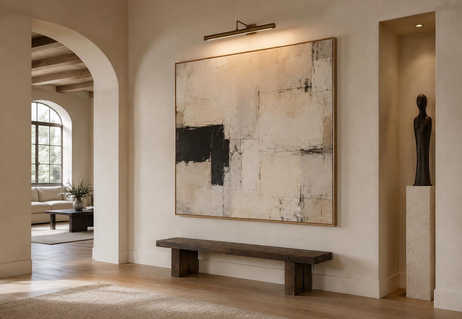 Gallery-hung art wall with picture lighting