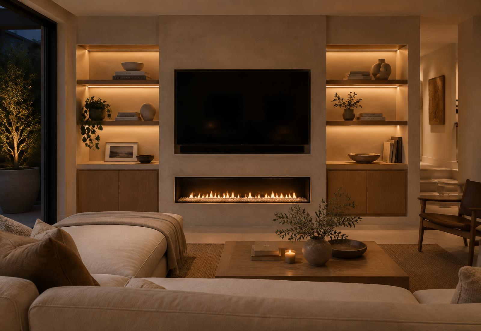 Integrated media wall with oak cabinetry and warm shelf lighting