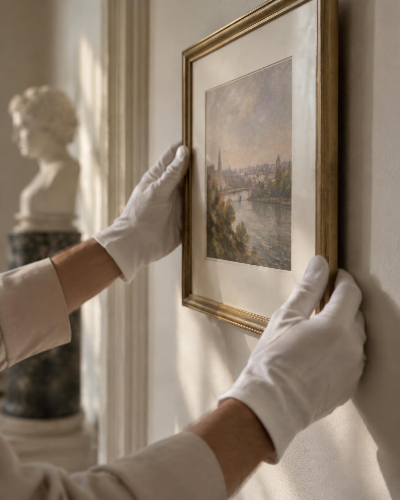 Gloved hands placing a framed artwork onto a plaster wall